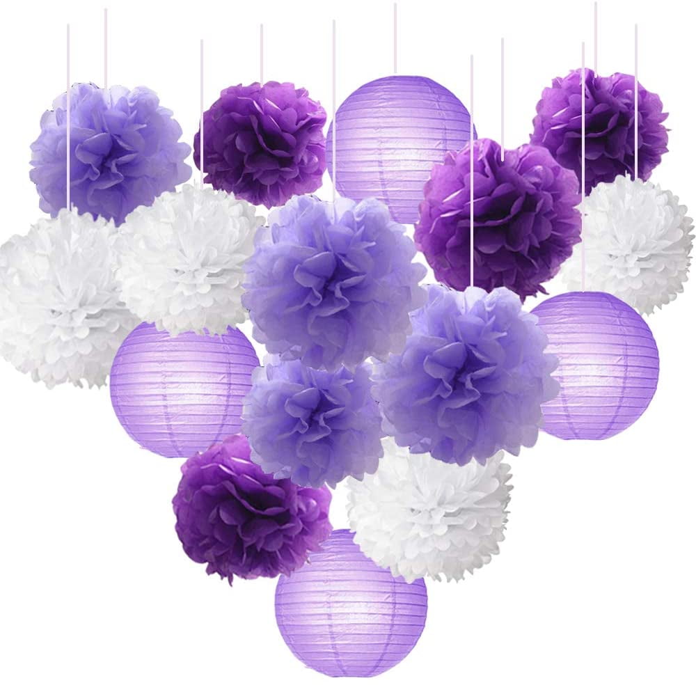 Fascola Pack of 12 Lavender Dark purple White Paper Crafts Tissue Paper Honeycomb Balls Lanterns Paper Pom Poms Birthday Wedding Party Decoration