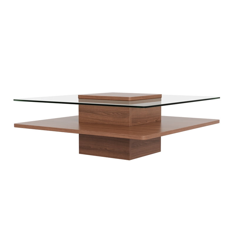 31.5''W Square Cocktail Coffee Table with Clear Tempered Glass Top, 2-Tier Accent Center Table with Open Storage Shelf