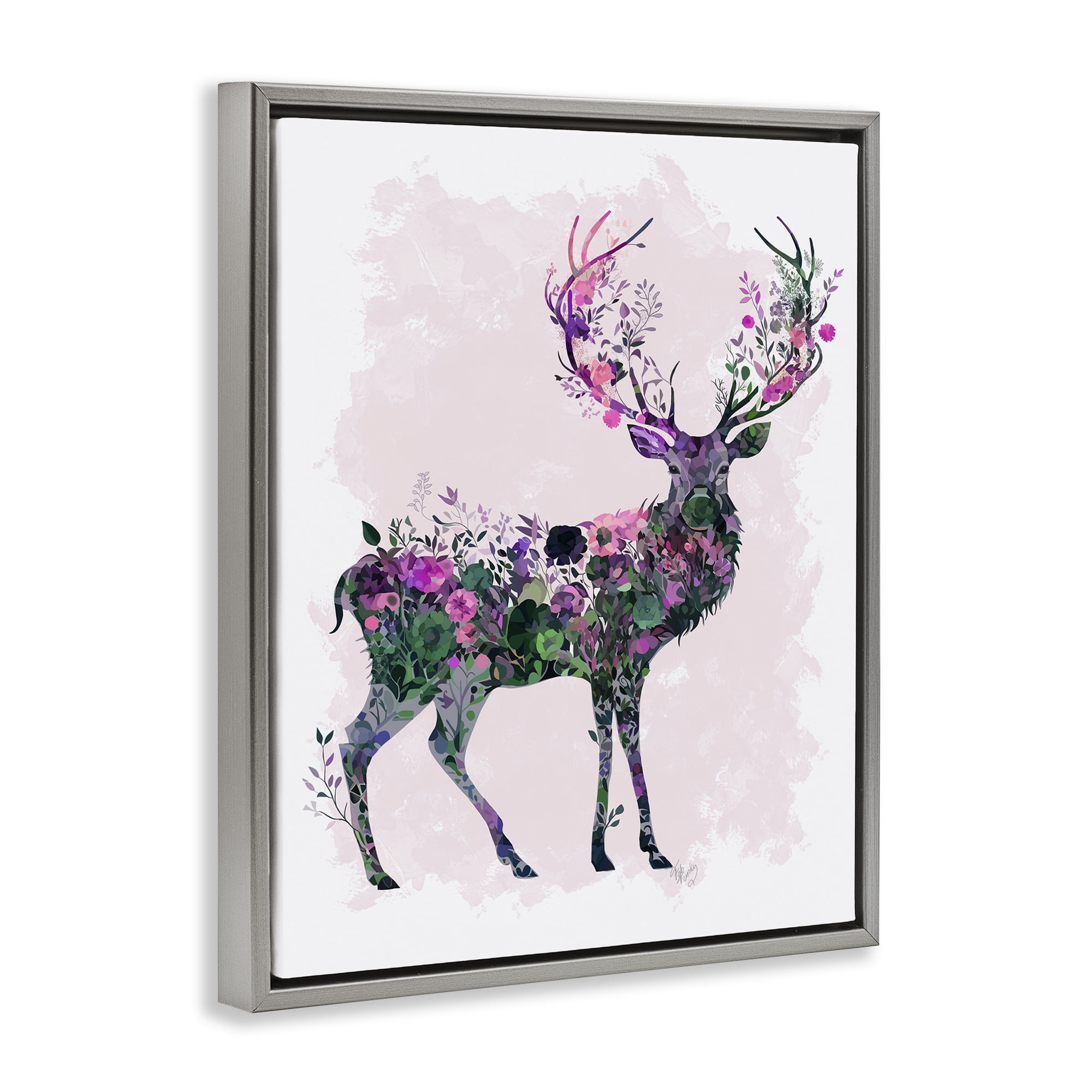 Stupell Industries Wildflower Patterned Deer Animals & Insects Painting Gray Floater Framed Canvas Art Print Wall Art, 25 x 31