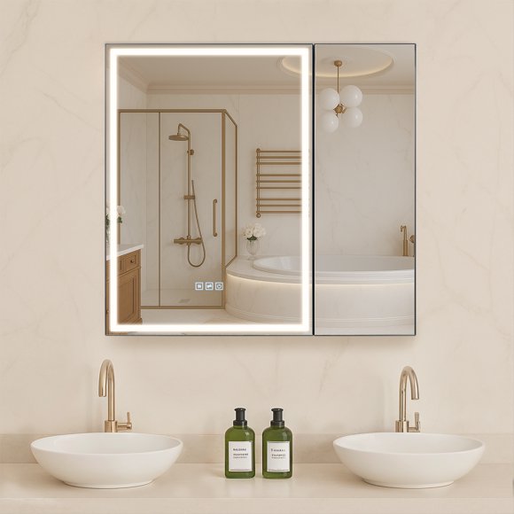 VEVOR Lighted Medicine Cabinet 30 x 28" HD Tempered Glass Mirror Recessed Wall