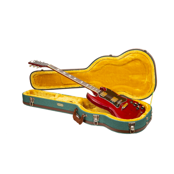 Crossrock Master Series - Wooden SG Electric Guitar Case - Security Lock, Genuine Leather Handle, Reinforced Hardware, Metal Feet, Storage Space- Malachite Blue Tweed