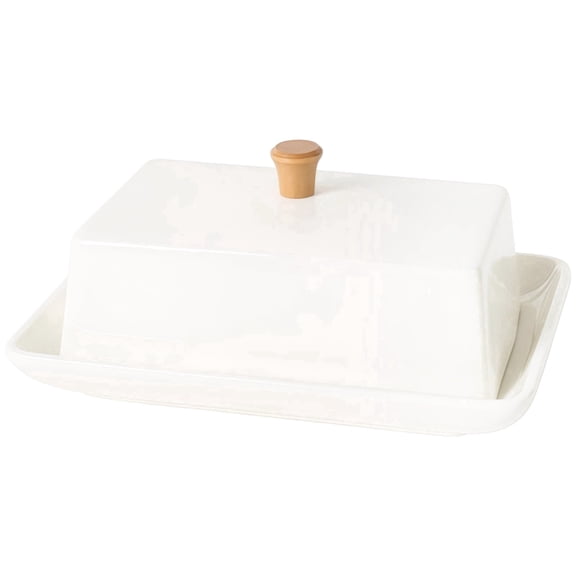 7" Ceramic Butter Dish with Lid – Covered Rectangular Butter Keeper with Wooden Knob, White Glazed, Countertop Storage for Butter & Cheese, 7.1" x 3.1" x 5.1"