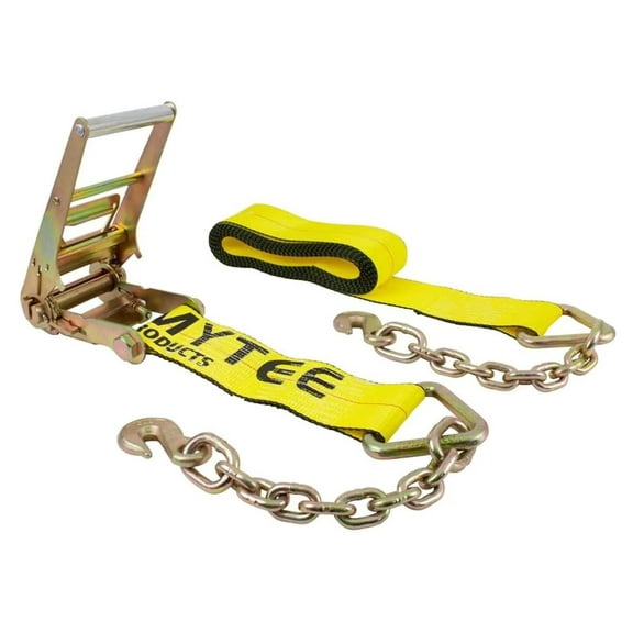 4" x 40' Yellow Ratchet Strap with Chain Anchor - 5,400 Lbs WLL Heavy Duty Tie Down Cargo Truck Straps for Flatbed, Truck, Trailers, Pickup