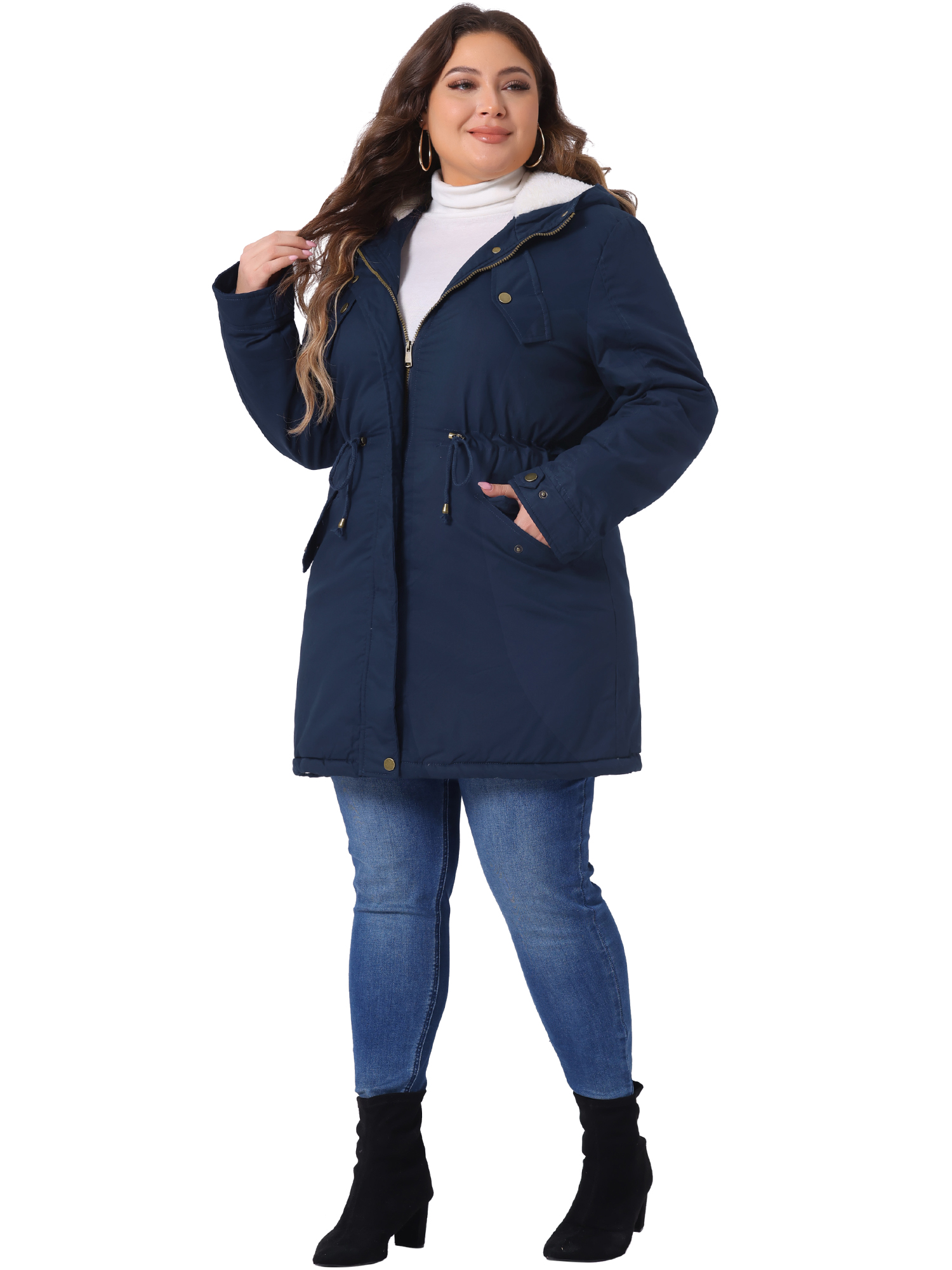 DARING DIVA Women's Plus Size Faux Fur Lined Long Anorak with Hood 1X Navy Blue