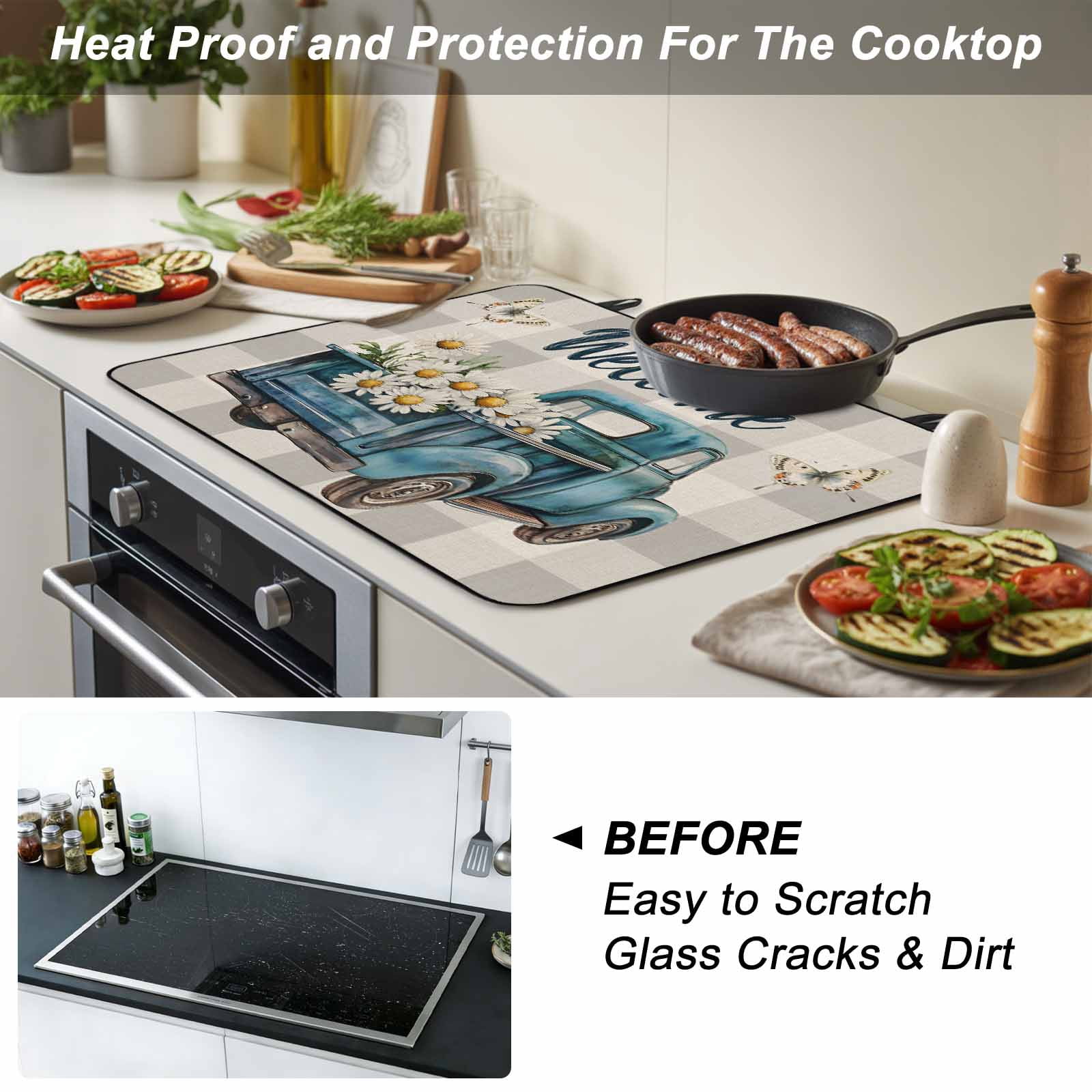 Daisy Butterfly Stove Top Cover for Electric Stove, Heat-proof & Non Slip Glass Top Stove Cover Protector, Blue Floral Truck Pastoral Grey Check Kitchen Flat Cooktop Rubber Mat 24x21 Inches