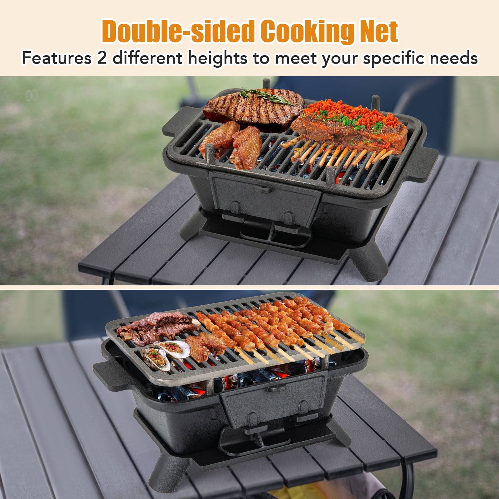 Topbuy Portable Heavy Duty Cast Iron Charcoal Grill Tabletop BBQ Stove with Double-sided Grilling Net for Camping