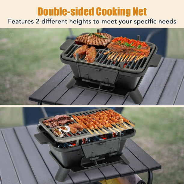 Topbuy 100 Cast Iron Charcoal Grill Portable Hibachi Grill with Grill and Grate Hooks Tabletop Japanese BBQ Grill Black