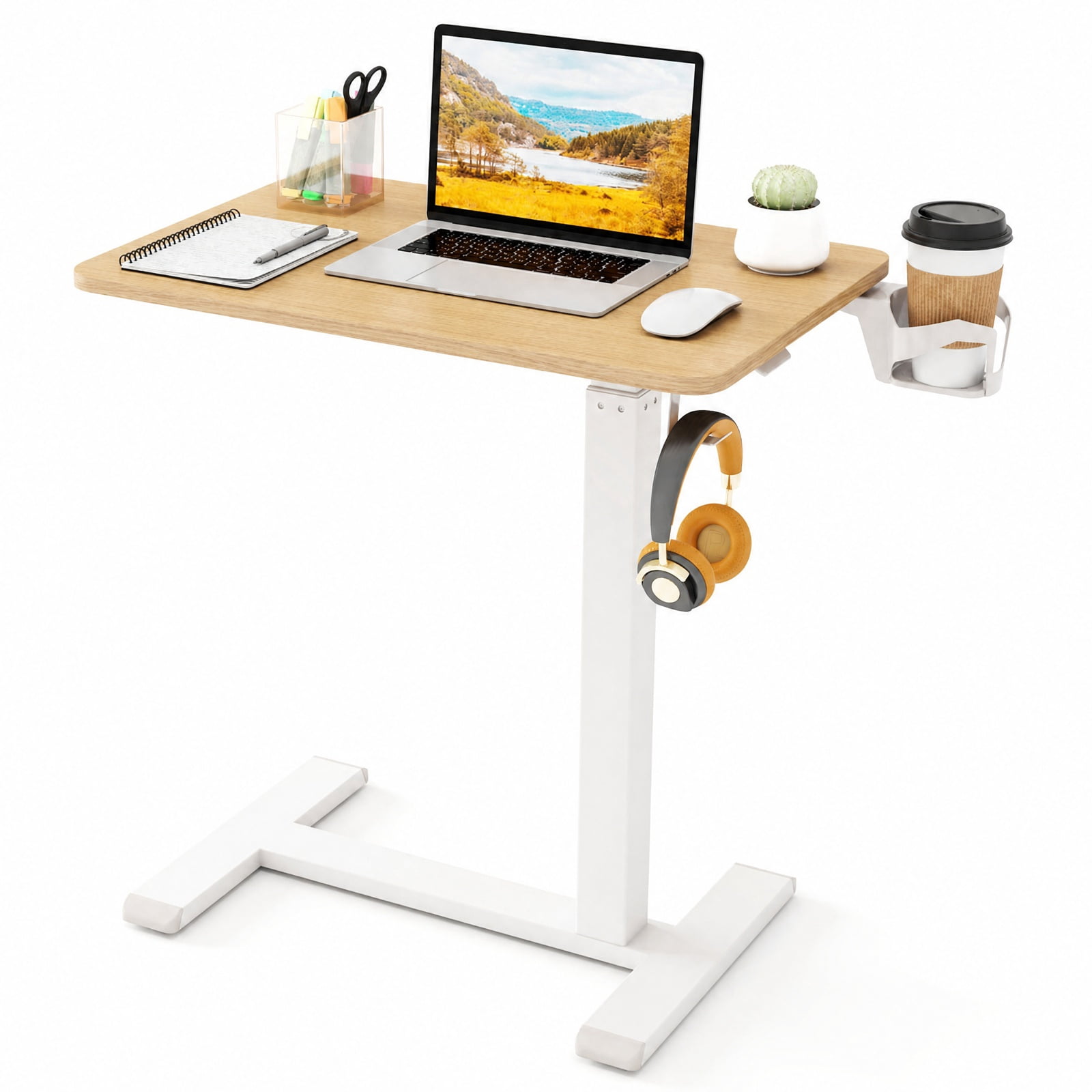 Furnibear Mobile Height Adjustable Overbed Bedside Table with Cup Holder and Wheels C Shaped Side Table for Bedroom Sofa, Natural