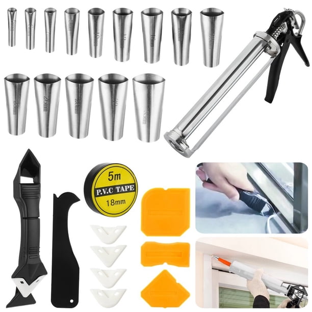 Kit de herramientas para calafateo de 26 piezas, kit de pistola para calafatear manual, pistola para calafatear con 14 boquillas de acero inoxidable, raspador de lechada multifuncional de doble cabeza