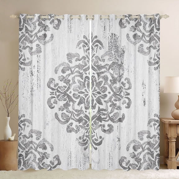jejeloiu Vintage Victorian Pattern Black Out Curtains,Retro Damask Flower Curtains Pack of 2 (42x63 Each),White Gray Bedroom Curtains For Girls Kids,Microfiber Bedroom Decor