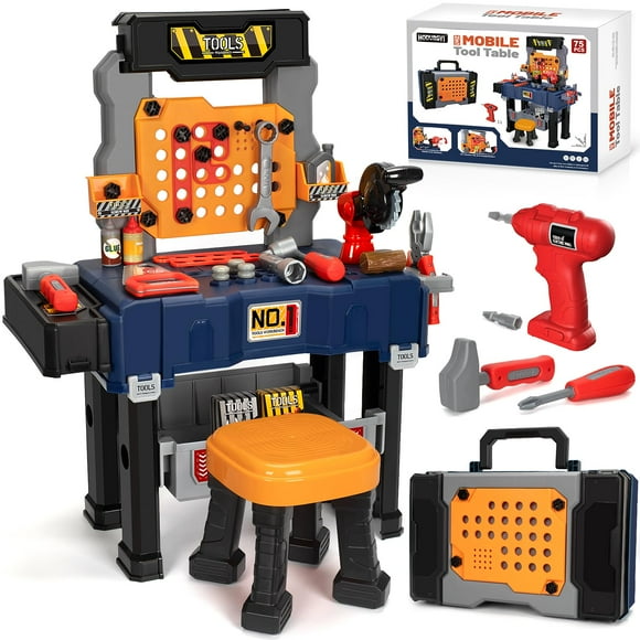 Kids Tool Bench with Electric Drill and Chair, Christmas Birthday Gift for Boys Girls Age 3,4,5+ Fun Play Kids Workbench, Transformable Toddler Tool