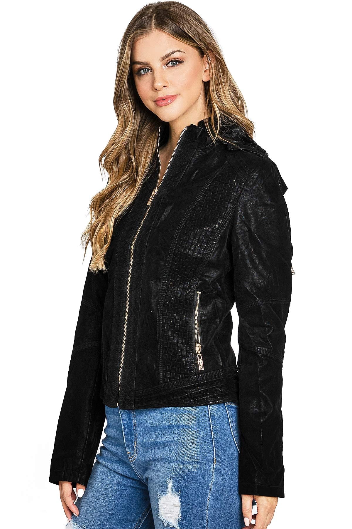 Palomares Women's Juniors Fitted Moto Hooded Faux Leather Jacket (Large, Black)