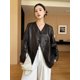 thumbnail image 4 of Elegante abrigo de piel de oveja con cuello en V para mujer, tendencia primavera otoño 2024, chaquetas blazer de cuero genuino casuales simples de alta gama, 4 of 5