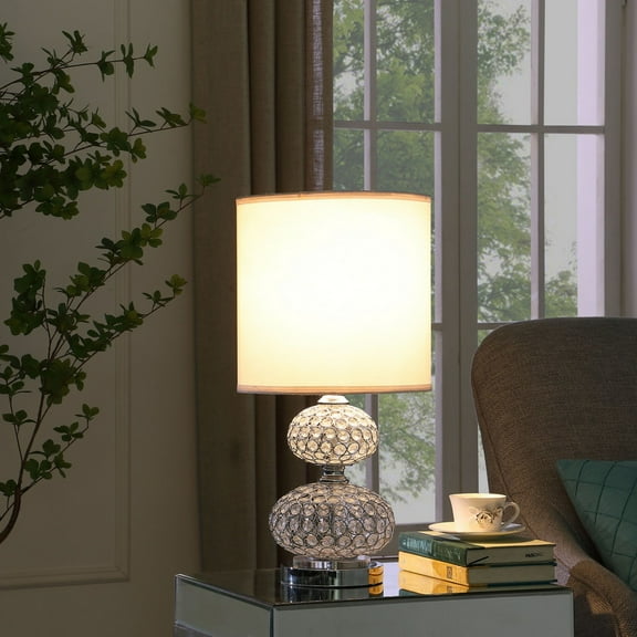 Noble House 24" Mod Crystal Retro Table Lamp, Chrome Ring Cage, Drum Shade, E26 Light Bulb, for Living Room, Silver