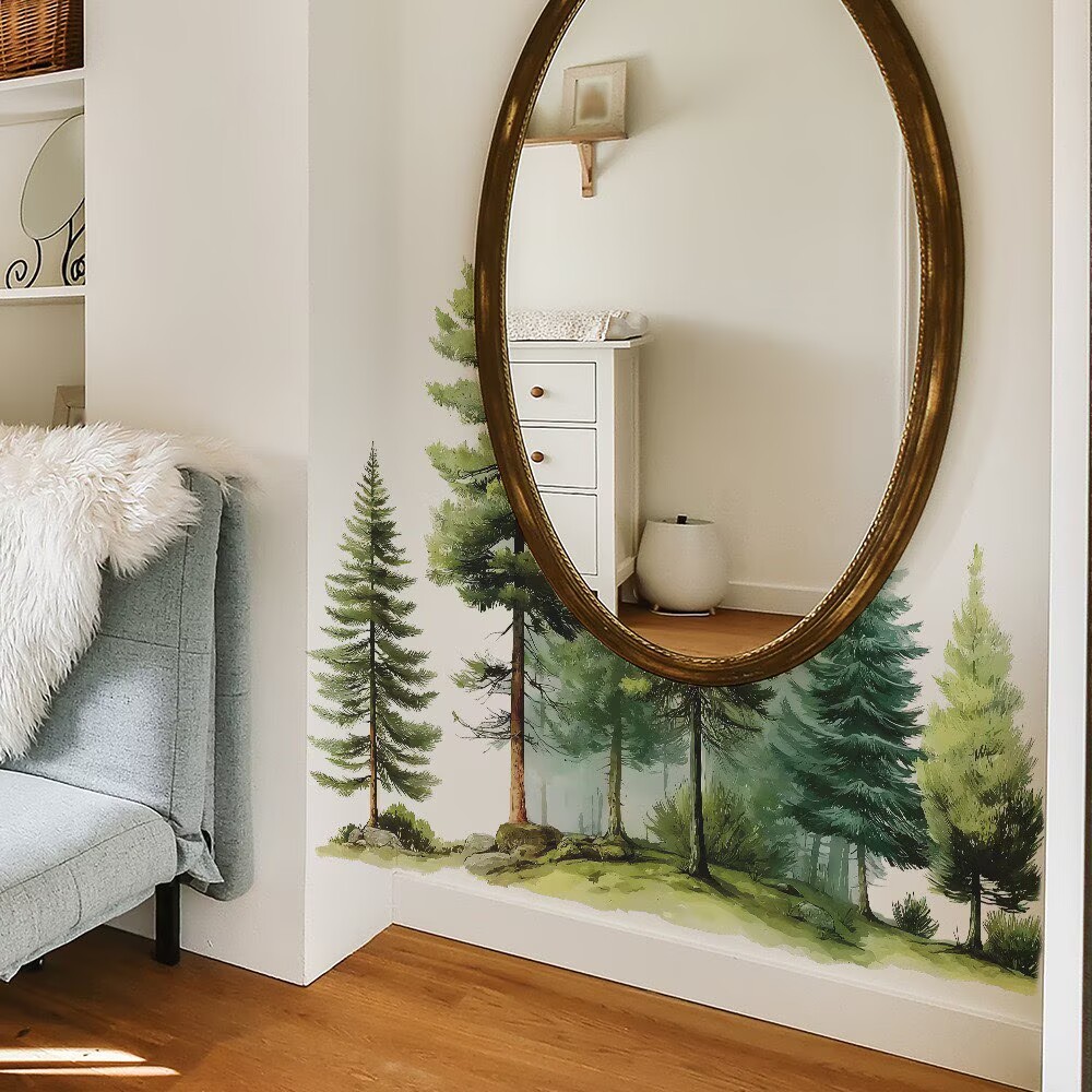 Large Pine Tree Wall Decals Peel and Stick Watercolor Extra Large Tree Wall Decal Forest Transparent decal Nature Green Tree Wall Stickers Giant Pine Tree Wall Decals for Nursery Kids Room Decor