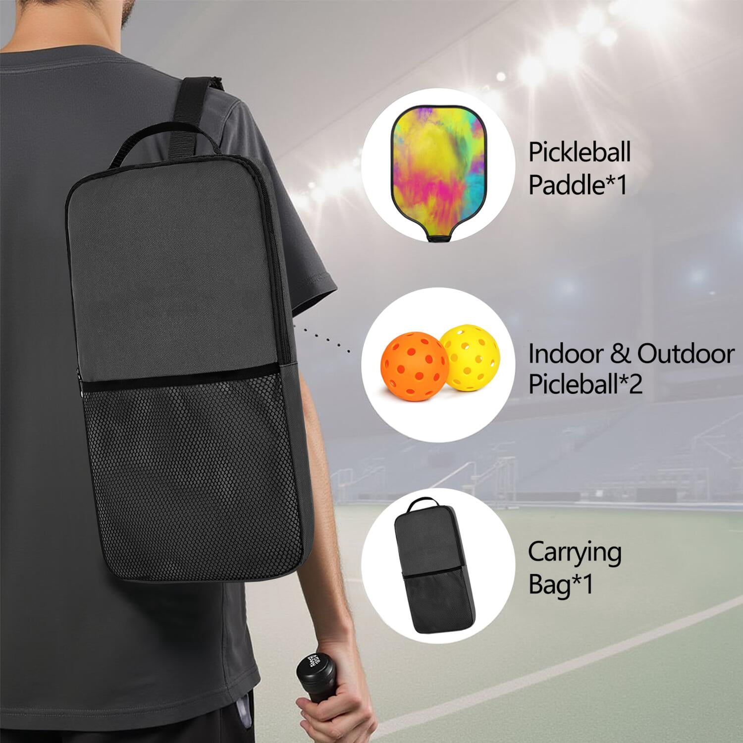 Pickleball Paddles Set Of 1, Fiberglass Surface, Fluid Smoke Aurora Art Style, 1 Paddle, 2 Balls & Bag