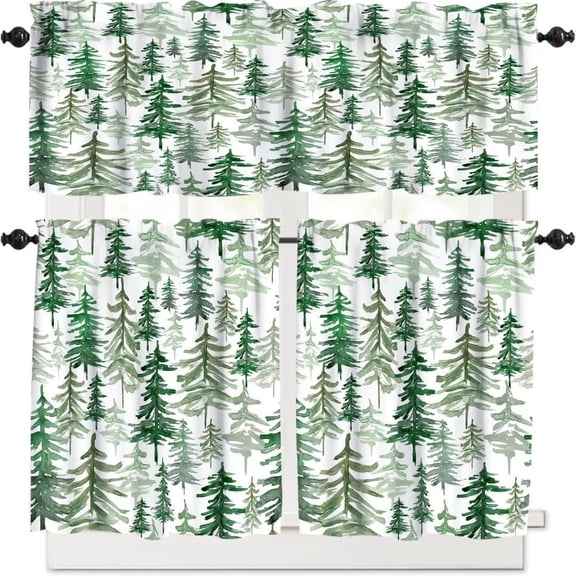 Green Forest Tree Curtain Set, Pine Coniferou Trees Forest Watercolor Design Window Valances and Tier Set for Kitchen Living Room, 54''x18'' & 27''x36''x2, 3 Panels