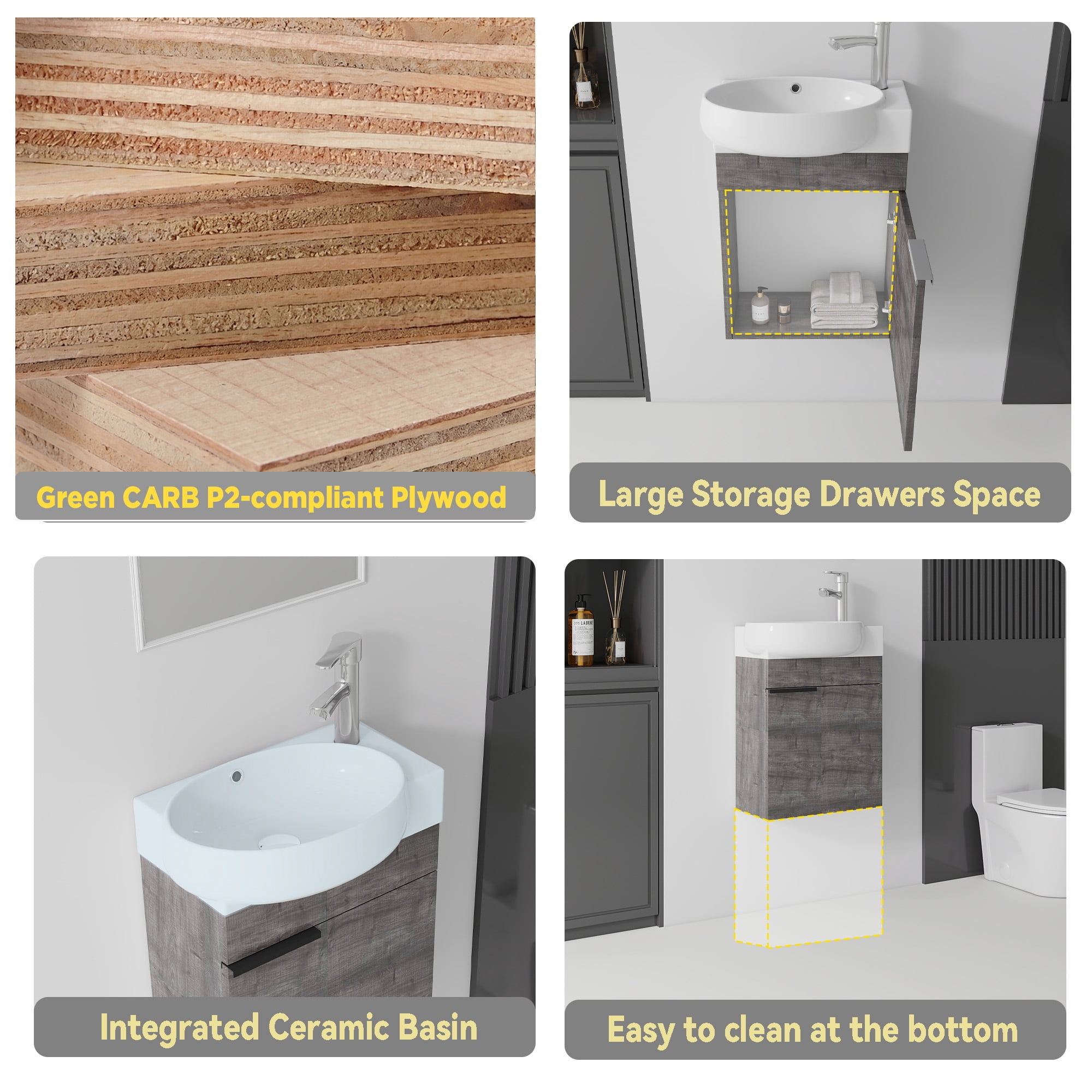 Leumius 16" Wall-Mount Bathroom Vanity Cabinet with with Ceramic Sink & Soft‑Close Doors for Small Space,Bathrooms,Grey