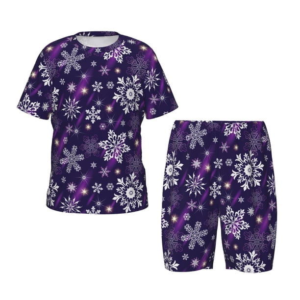 Balery Christmas Purple Snowflakes Conjunto de Pijama Infantil de Manga Corta con Estampado – Ropa de Dormir de Algodón Suave-4X-Large