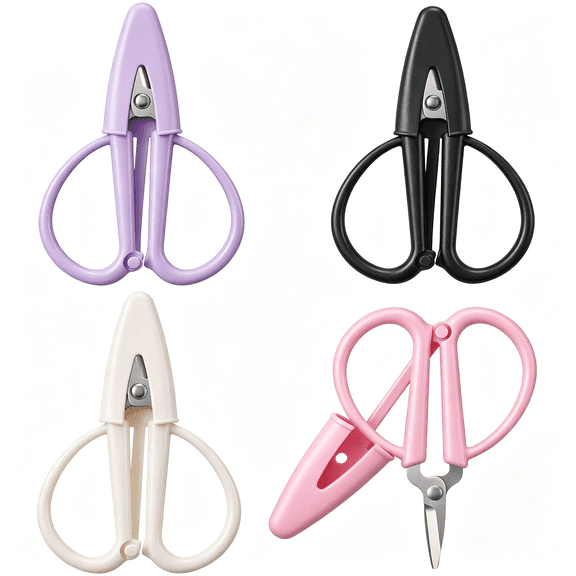 EXLEAF 4-Pack Needlepoint Scissors, Mini Scissors, Small Scissors for Crafts with Silicone Cap, Portable Travel Scissors Set - Light Pink, Cream White, Purple, Black