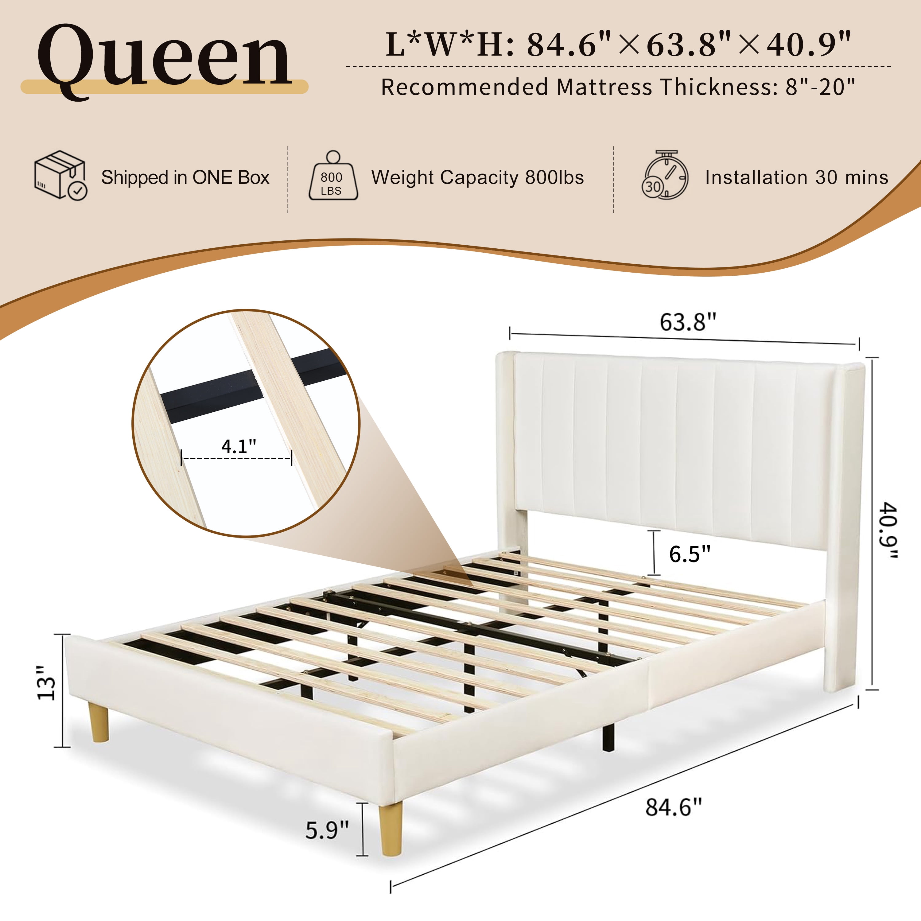 Queen Size Upholstered Bed Frame,40.9" High Headboard,Strong Metal Frame,Wooden Slats Support,No Box Spring Needed,Easy Assembly,Velvet Fabric,Cream