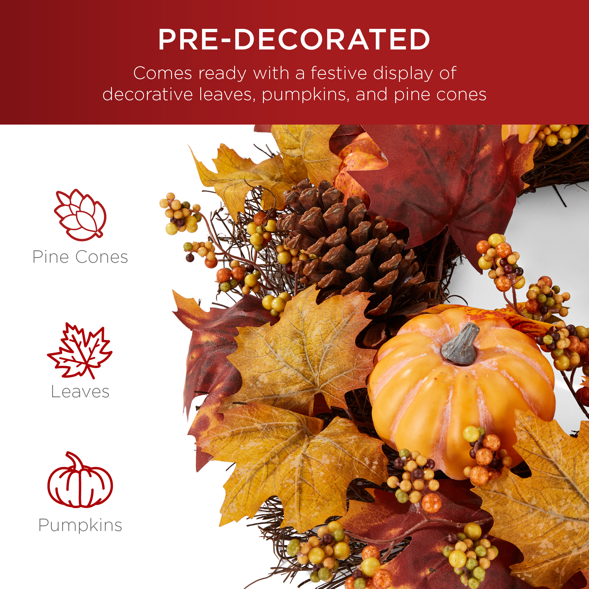 Best Choice Products 24in Artificial Fall Wreath, Autumn Thanksgiving Holiday Decoration w/ Pumpkins, Pine Cones - image 3 of 7