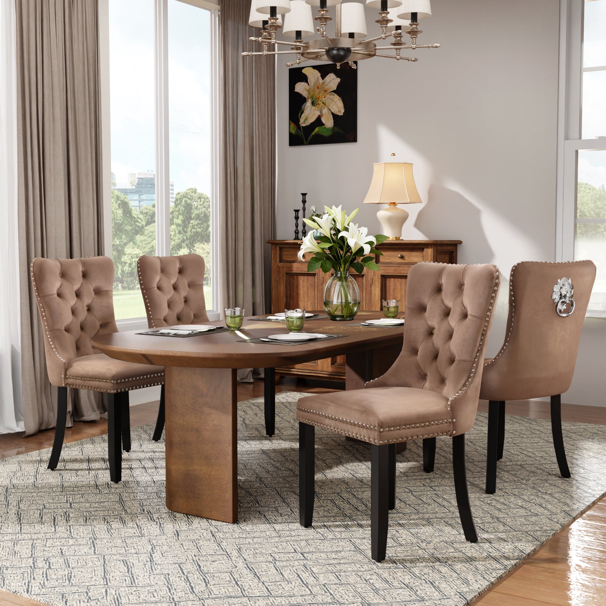 DONICK Velvet Upholstered Dining Chair Set of 8,Modern Tufted Kitchen Chairs Nailhead Lion Pull Ring Black Wood Legs(khaki)