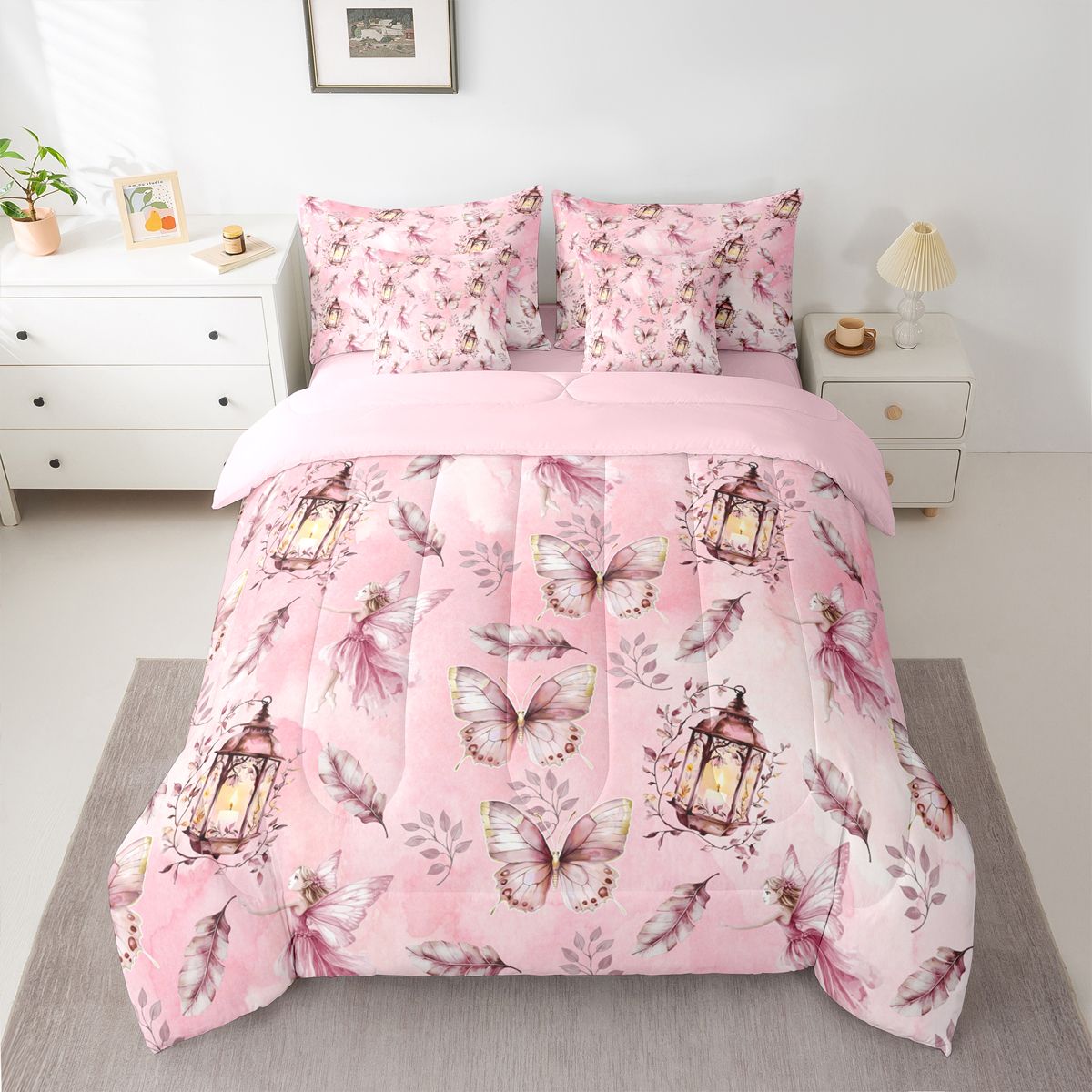 Homewish Flying Pink Butterflies 7pcs Bedding Comforter Set For Teens Girls Adults Female,Dreamy Princess Queen Bedding Sets Super Cozy,Cartoon Fairy Elf Queen Sheet Sets,Super Cozy Room Decor