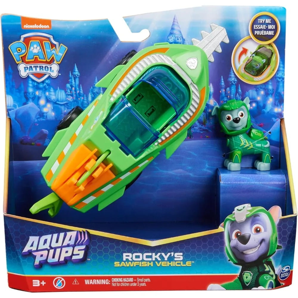 Paw Patrol Aqua Pups Rocky Transforming Sawfish Vehicle with Collectible Action Figure, Kids Toys for Ages 3 and up