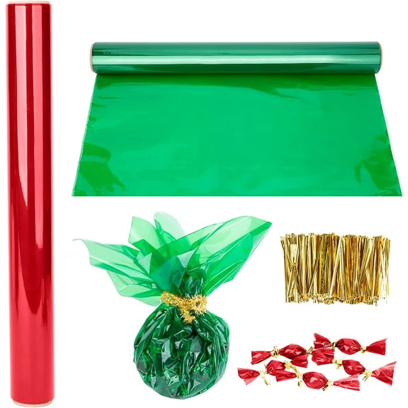 Ebaokuup 2 Rolls Christmas Cellophane Roll - 33Ft Long x 32In Wide Transparent Cellophane Wrapping Paper with 800PCS 3”Gold Twist Ties - Colored Cellophane Wrap for Gift Basket Treats Package Storage