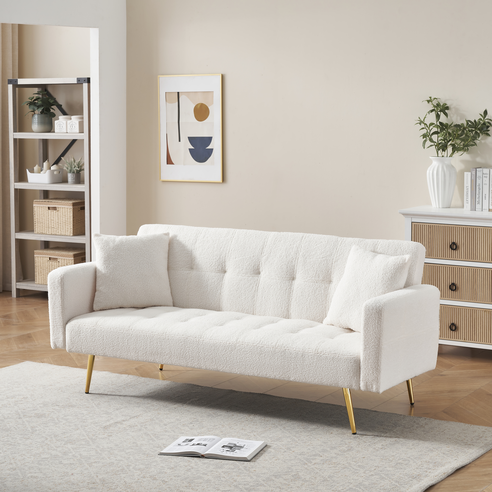 71" W Teddy Convertible Futon Sofa Bed,Modern Upholstered Loveseat Sofa Couch for Living Room,Small Space,Beige