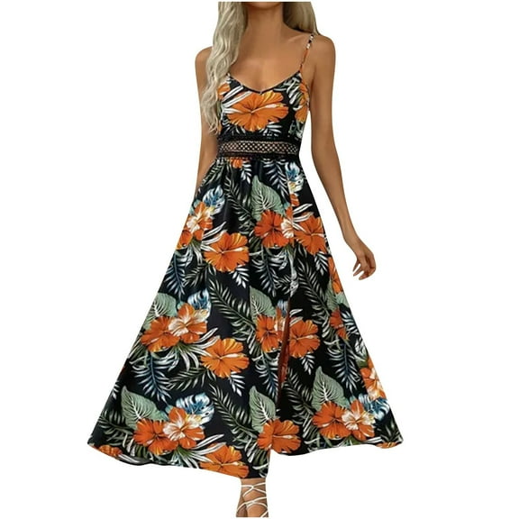 Taqqpue Womens Summer Dresses Floral High Waist V Neck Sleeveless Smocked Maxi Dress Boho Spaghetti Strap A Line Thigh-high Slit Flowy Tropical Print Beach Long Sundress