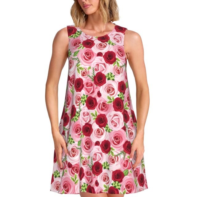 Balery Rose Flowers Vestidos de verano para mujer con estampado: vestido holgado sin mangas, vestido playero informal y cómodo para días calurosos.