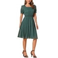 thumbnail image 2 of Vestido de Cuello Cuadrado INSPIRE CHIC para Mujeres con Estrellas Metálicas, Manga Corta, Corte A, Cintura Elástica, Midi, Talla S, Verde Oscuro, 2 of 6