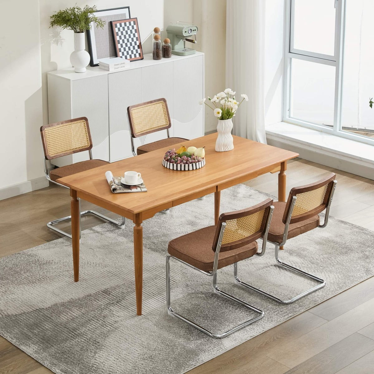 Dining Chairs Set of 2, Mid Century Modern Velvet Accent Chairs with Natural Rattan Back, Chrome Cantilever Base, Coffee