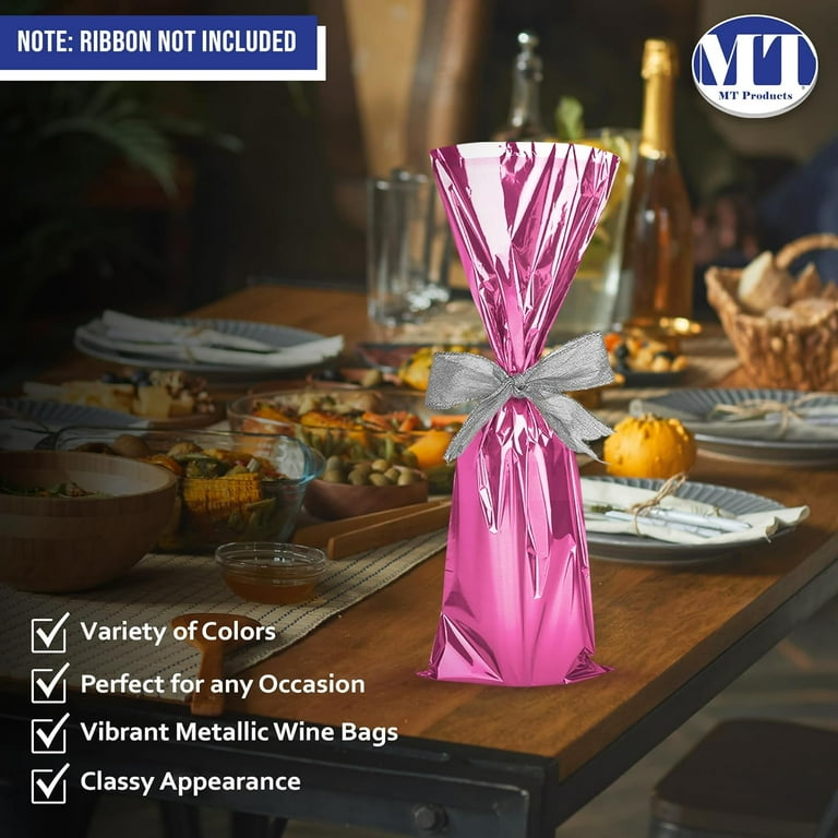 MT Products Metallic Pink Mylar Wine Gift Bags for Bottles Pack of 25