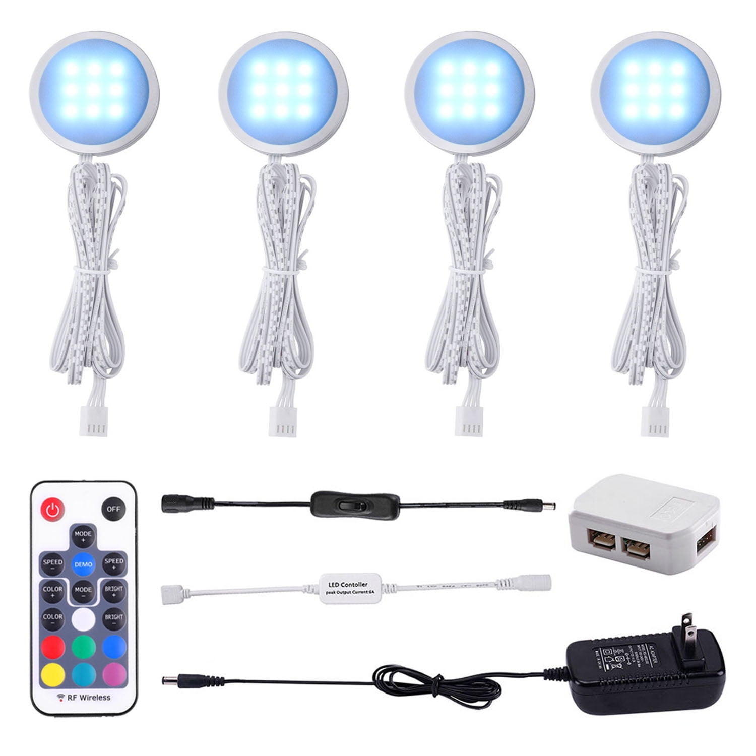 RGB Color Changing LED Under Cabinet Lights Kit - Slim Aluminum Multi-Color Puck Lights for Kitchen Counter, Furniture, and Holiday Decor (Set of 4)