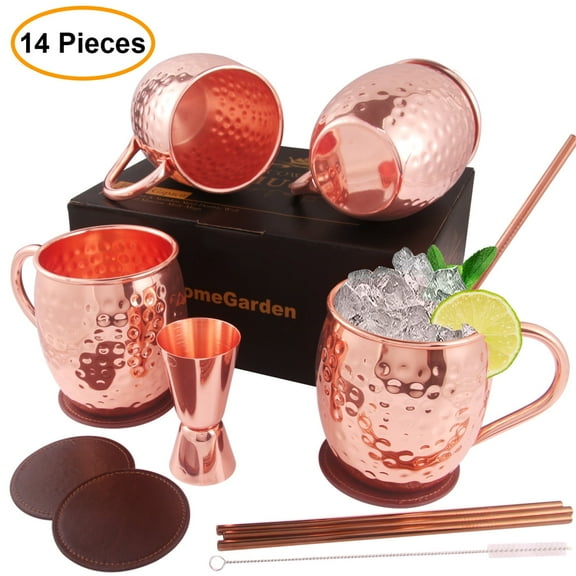Moscow Mule Copper Mugs Set of 4, 100% Handcrafted, Large Size 16 ounces w/ Copper Straws Coasters Glass Straw Brush Kit