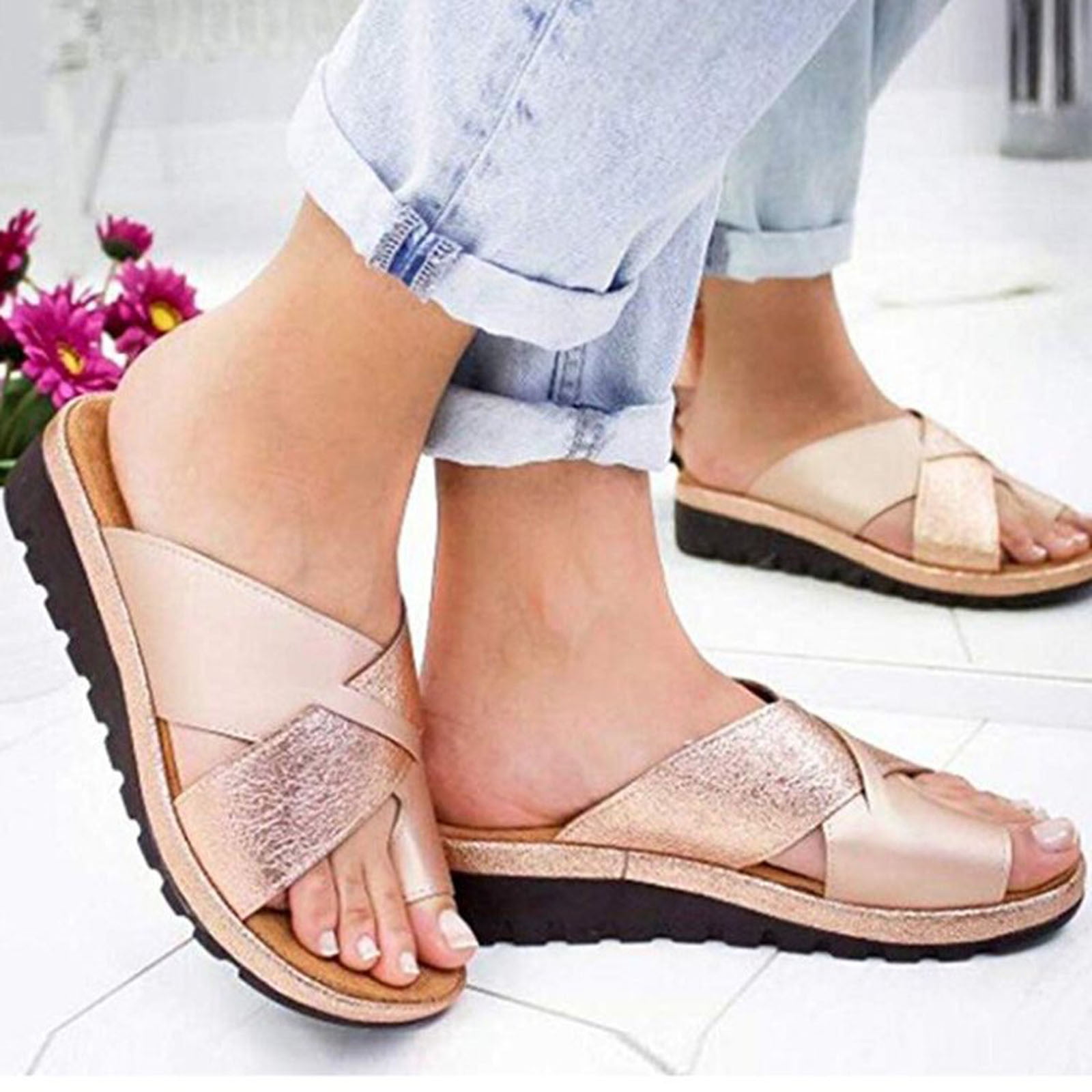 Details about   Womens Orthopedic Slip On Sandals Flip Flop Open Toe Wedge Slippers Summer Shoes 