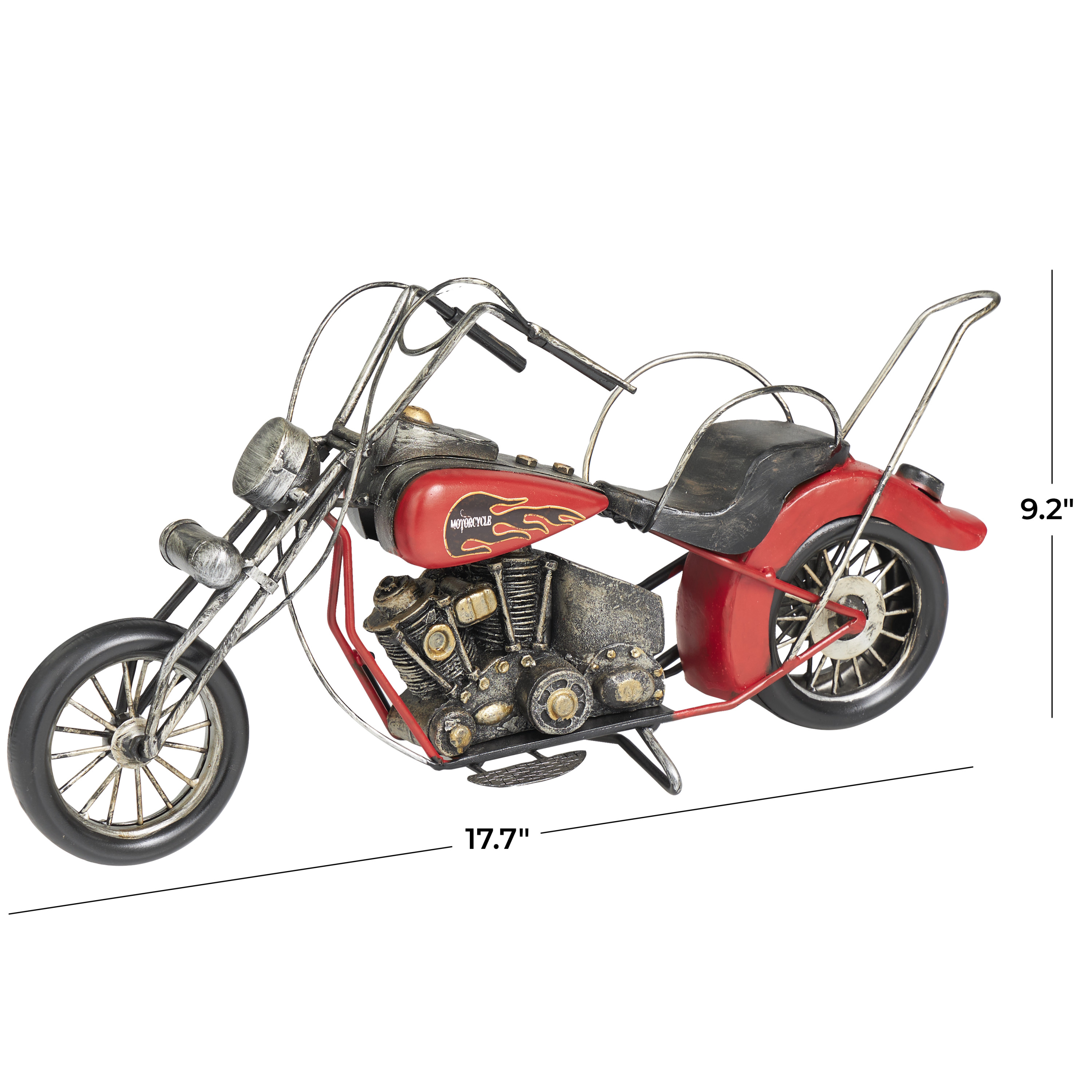 18" x 9" Red Metal Handmade Vintage Style Motorcycle Sculpture with Flames on the Gas Tank, by DecMode