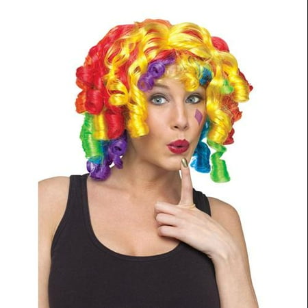 Womens Curly Rainbow Clown Wig Costume Accessory