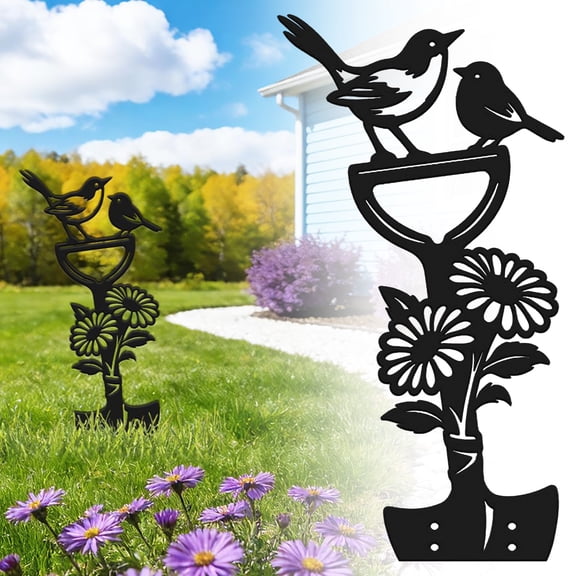 CoreLiving Birds Metal Decorative Garden Stakes, Robin and Shovel Silhouette Metal Yard Art Outdoor and Garden Statues, Large Lawn Ornaments for Backyard, 1 Pack