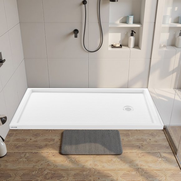VEVOR Shower Pan, 60″ L x 30″ W Single Threshold Shower Base, Rectangle Acrylic & PVC Showering Base in White, Slip-Resistant Showering Pan Bases with Drain & Cover