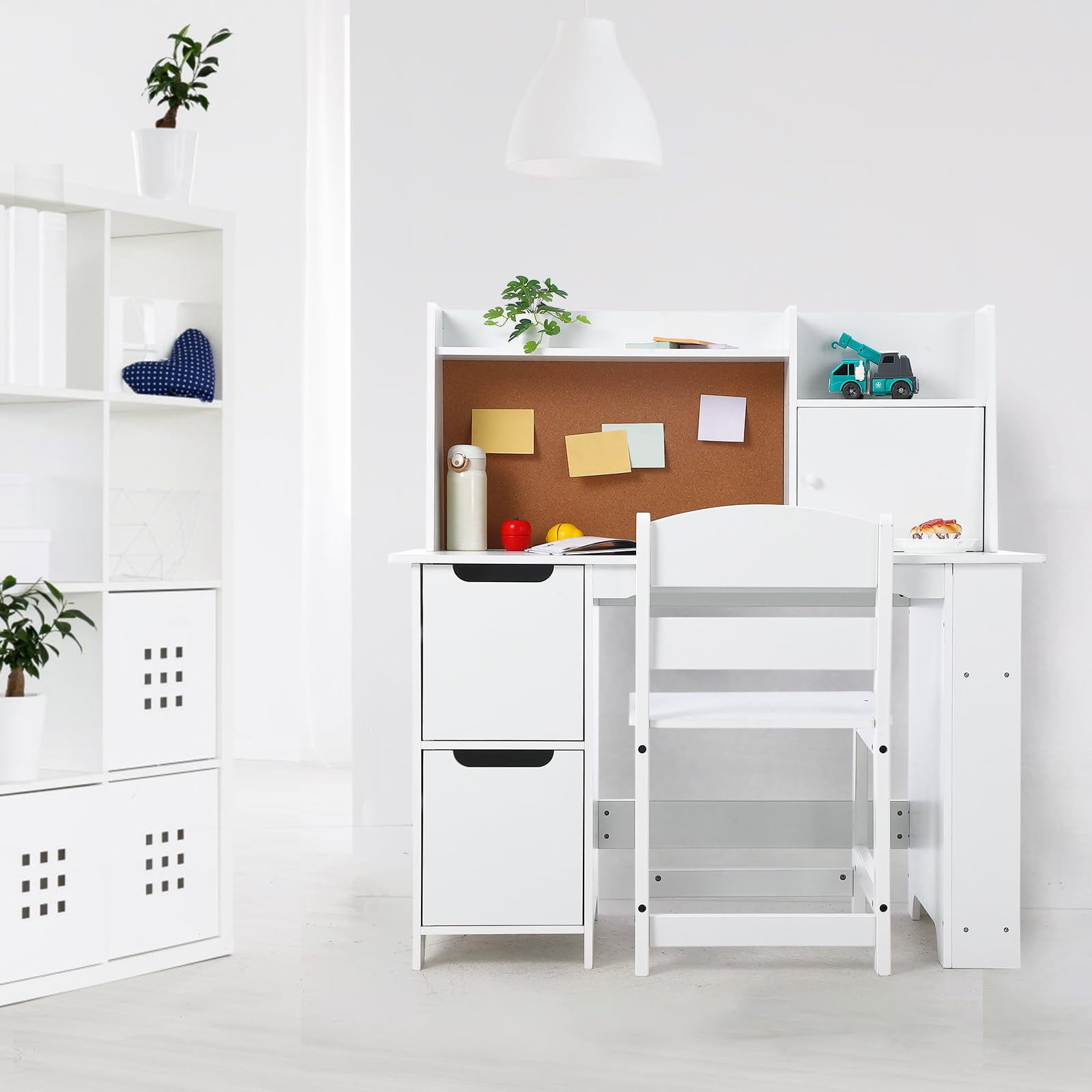 TROPOW Kids Study Desk and Chair Set with Storage - White Learning Table with Bookshelf and Cabinets for Boys and Girls Ages 3-8
