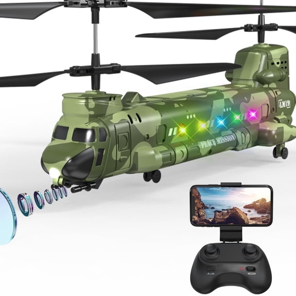 B-Qtech Chinook RC Helicopter with Camera for Kids 8 , Remote Control Army Toy Helicopter with Twin Propeller, 1-Key Fly, Flying Toy for Boys