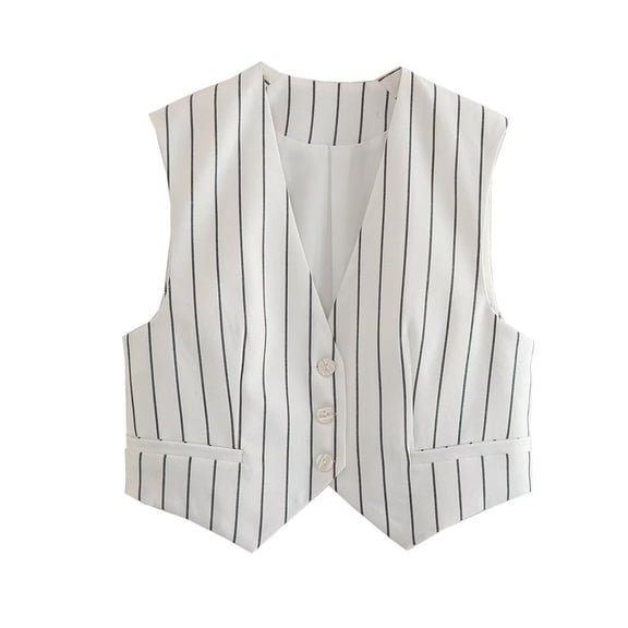 VNKIDY Womens Striped Sleeveless Suit Vest With V Neck Button Closure Formal Outerwear For Office Wear Special Occasions White XS