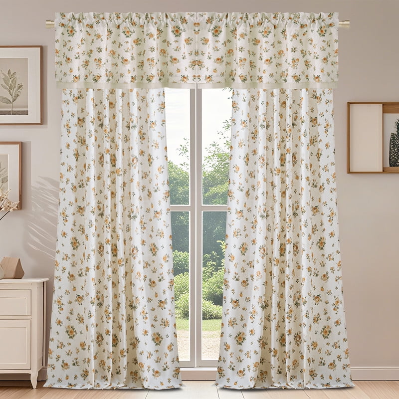 NICETOWN Floral kitchen valances for windows, Double Layer Linen Valance Curtains Rod Pocket Farmhouse Semi Sheer Light Filtering Linen Curtains for Bedroom Living Room, Yellow, 52"x18", 1 Panel