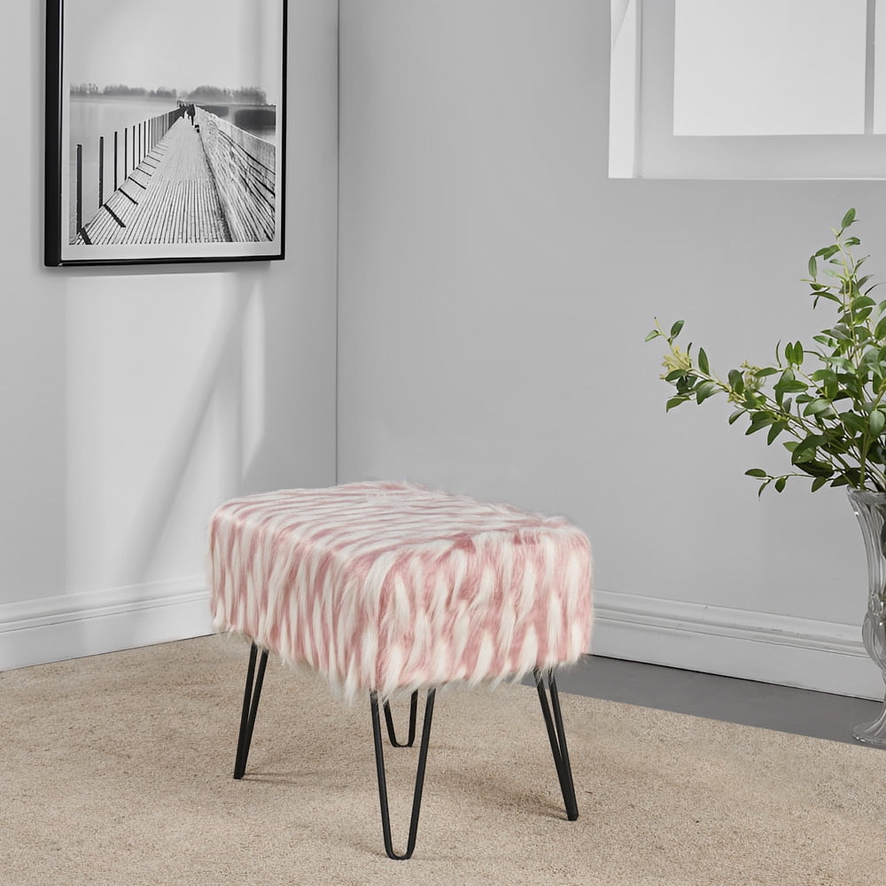 Home Soft Things Feathery Faux Fur Stool Chair Upholstered Footrest Ottoman with Black Metal Legs and Padded Seat, Pink, 19" x 13" x 17"