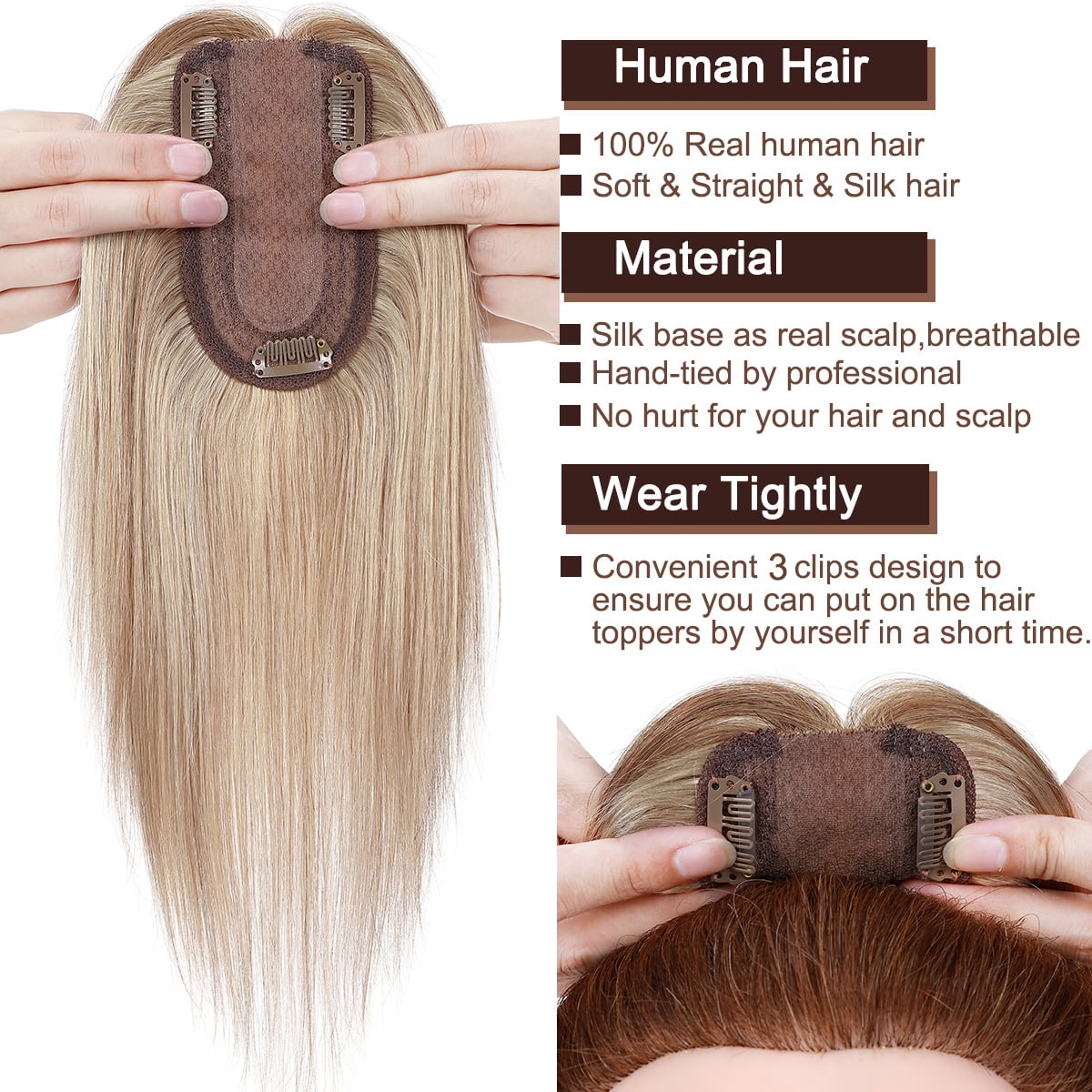 SEGO Clip in Hair Extensions Human Hair Toppers 100% Real Human Hair Topper  Silk Base for Thinning/Loss Hair Natural Black Middle Part Hair Pieces -  
