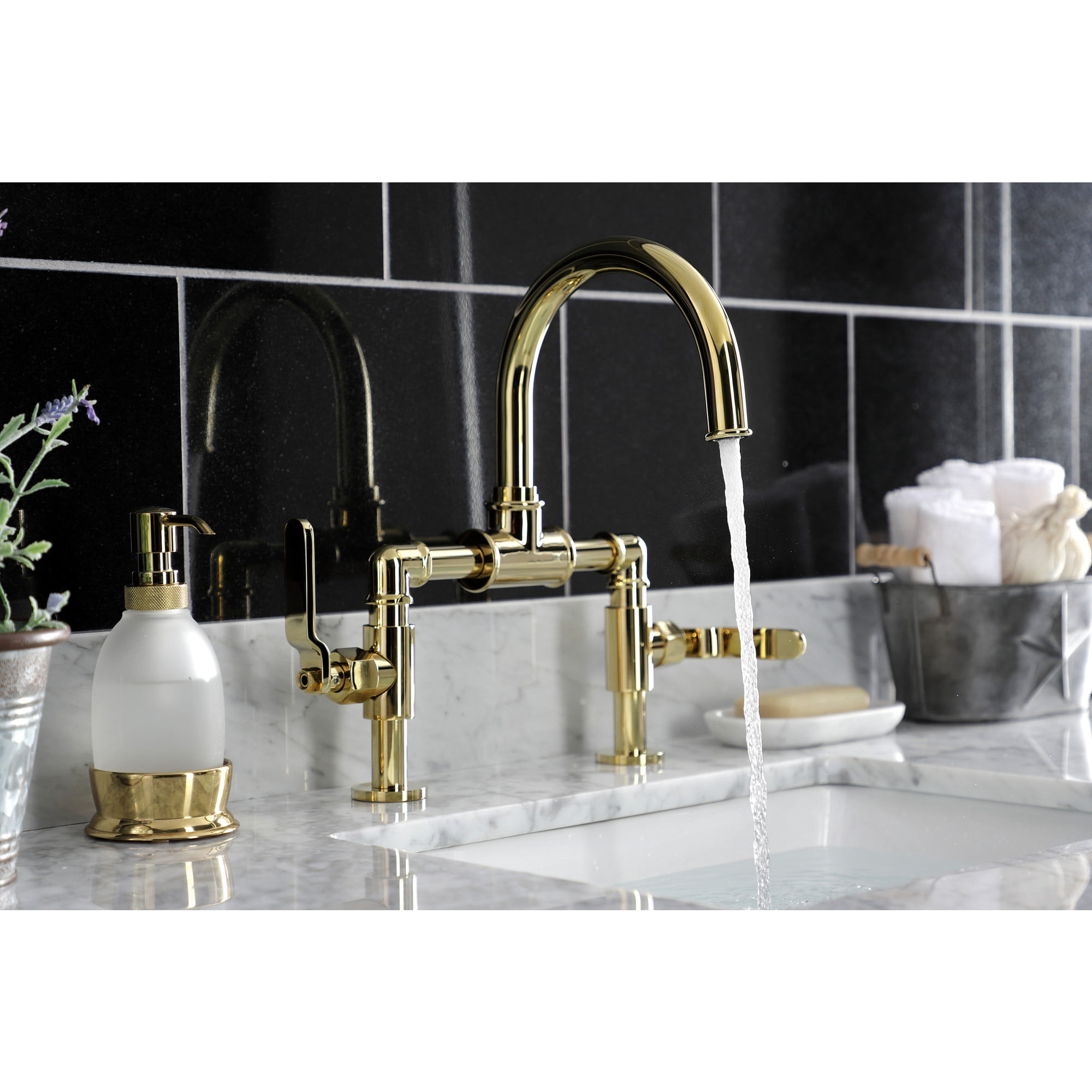 Kingston Brass KS2172KL Whitaker Industrial Style Bridge Bathroom Faucet with Pop-Up Drain, Polished Brass